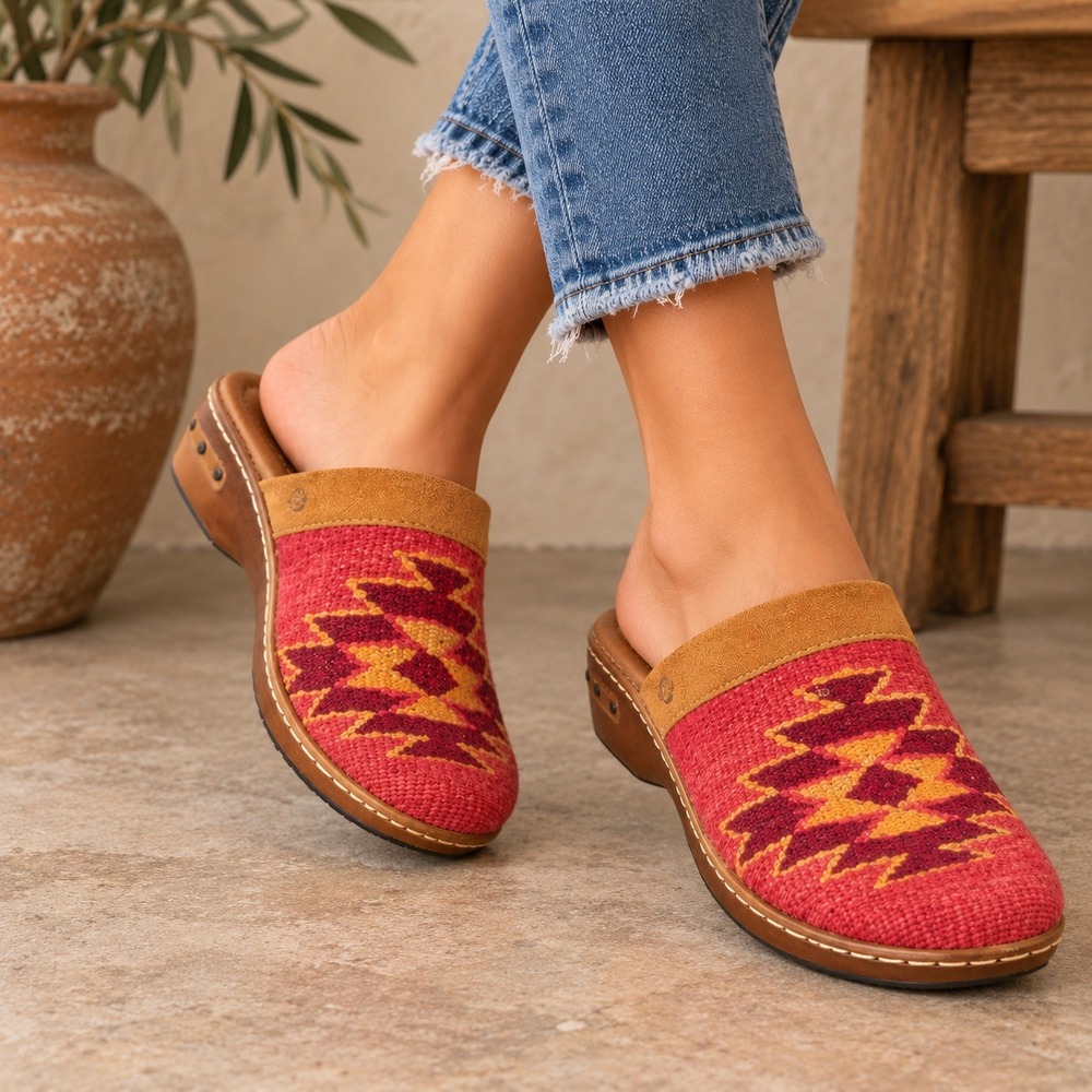 Born Bandy Clogs Womens 8 39 Red Woven Suede Southwest Boho Aztec Mules